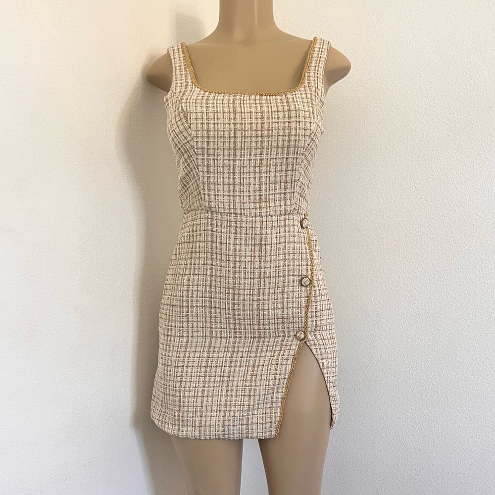 Storia Tweed Mini Dress Beige Check | Button Detail Side Slit | Size Small